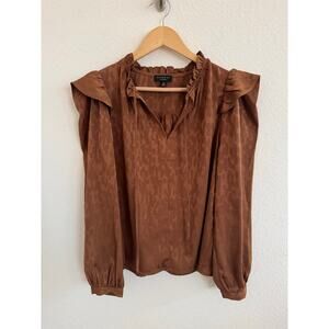 Boutique Brand Copper Long Sleeve Womens Top Size XS Cheetah Ruffles silky